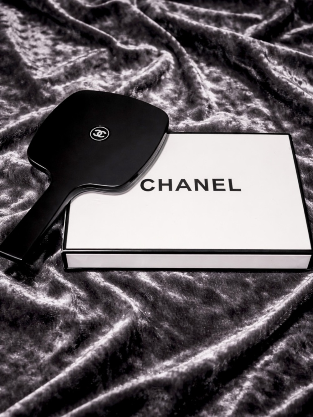 CHANEL Black Hand Mirror with White Branded Box